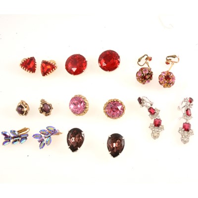 Lot 293 - Vintage clip on earrings in shades of red, pink and purple.