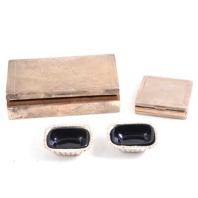 Lot 189 - Silver cigarette box, silver compact and a pair of salts