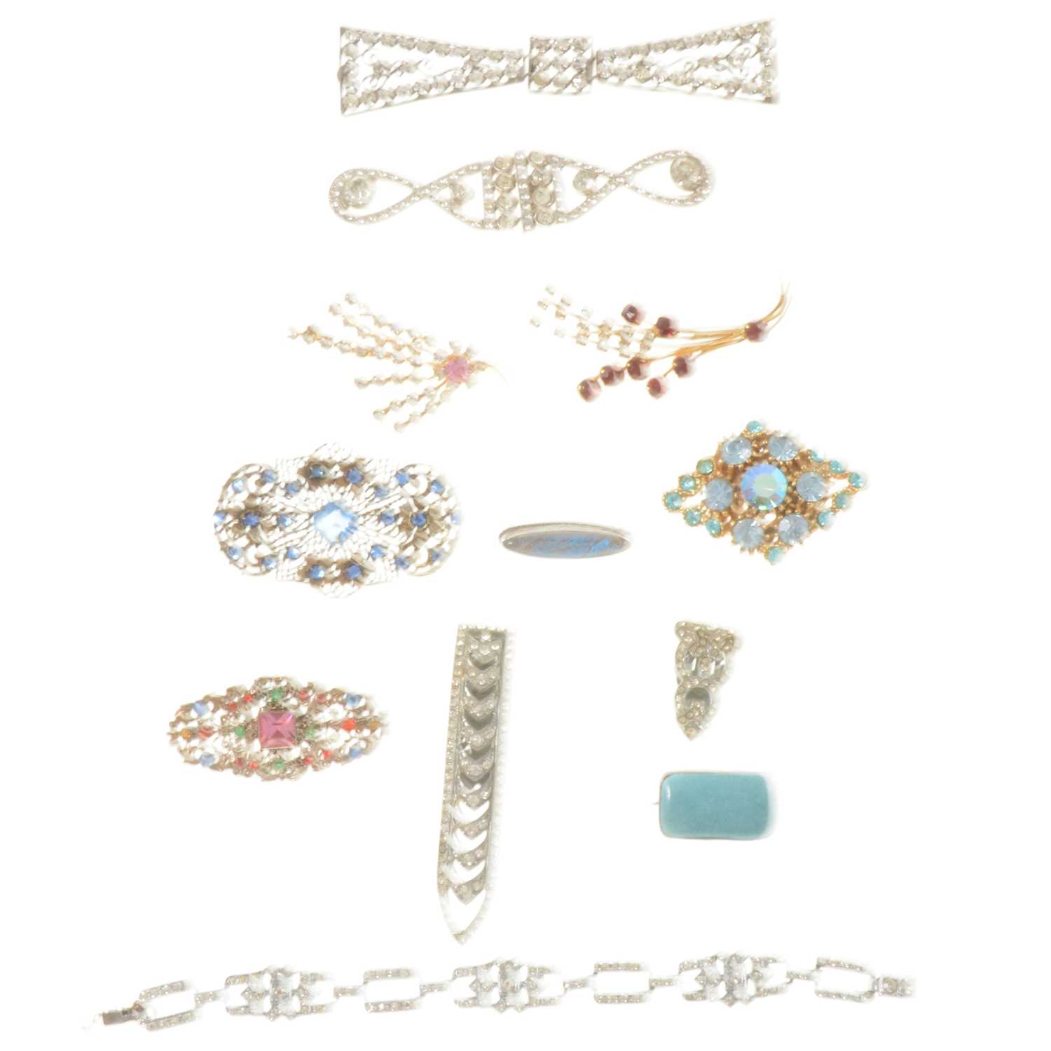 Lot 334 - Costume jewellery brooches, clip, bracelet, Ruskin brooch, butterfly wing brooch.