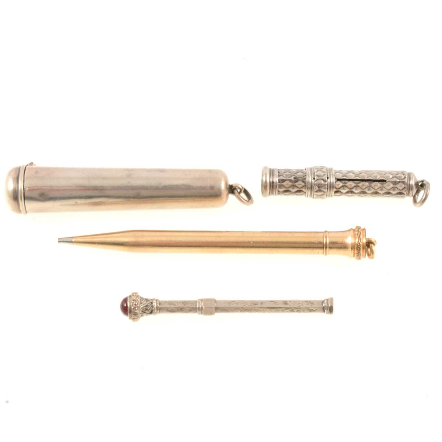 Lot 244 - Silver pencil holder, gold filled pencil, silver toothpick, cigarette holder and case.