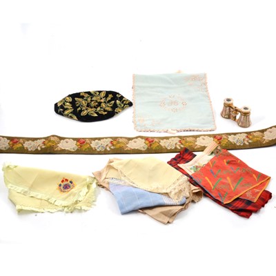 Lot 123 - Embroidered velvet smoker's cap, tapestry bell pull, handkerchiefs, opera glasses