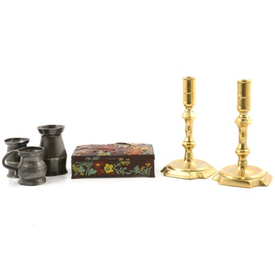 Lot 156 - Japanese painted chrysanthemum box, pewter noggins, pair of early 18th century candlesticks.