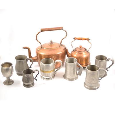Lot 204 - Collection of pewter tankards, copper kettle, etc