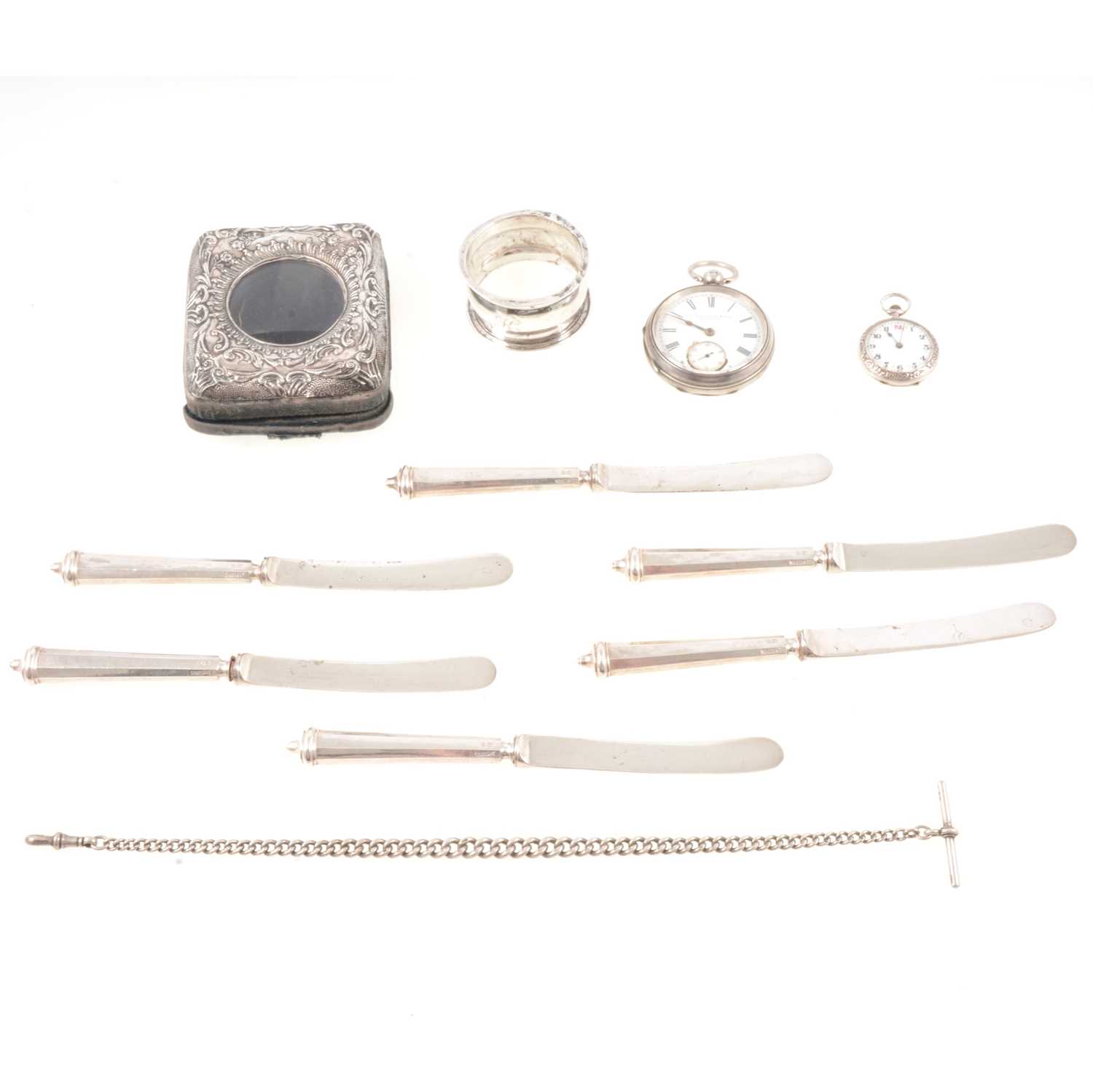 Lot 142 - Silver fob watch, pocket watch, holder with silver front, albert and other small items.