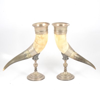 Lot 108 - Pair of horn cups with silver plated mounts and stands by WMF