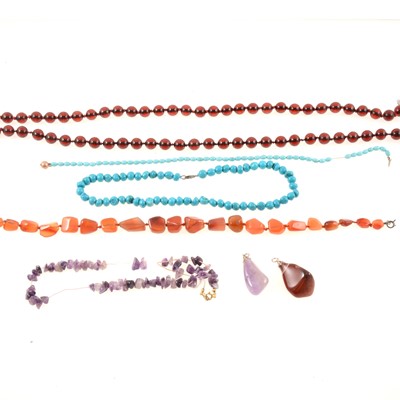 Lot 372 - Turquoise, red glass, amethyst and other bead necklaces, amethyst and red banded agate pendants.