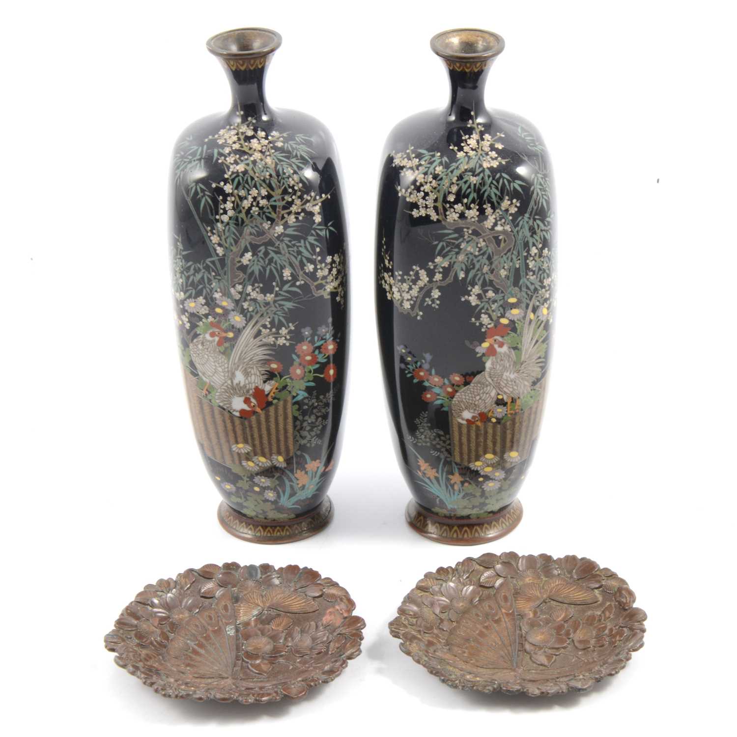 Lot 16 - Pair of Japanese cloisonne vases with cockerels, and a pair of cast metal coasters