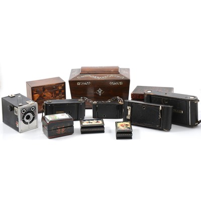 Lot 104 - Japanese parquetry miniature chest, lacquered box, and other wooden items and cameras.