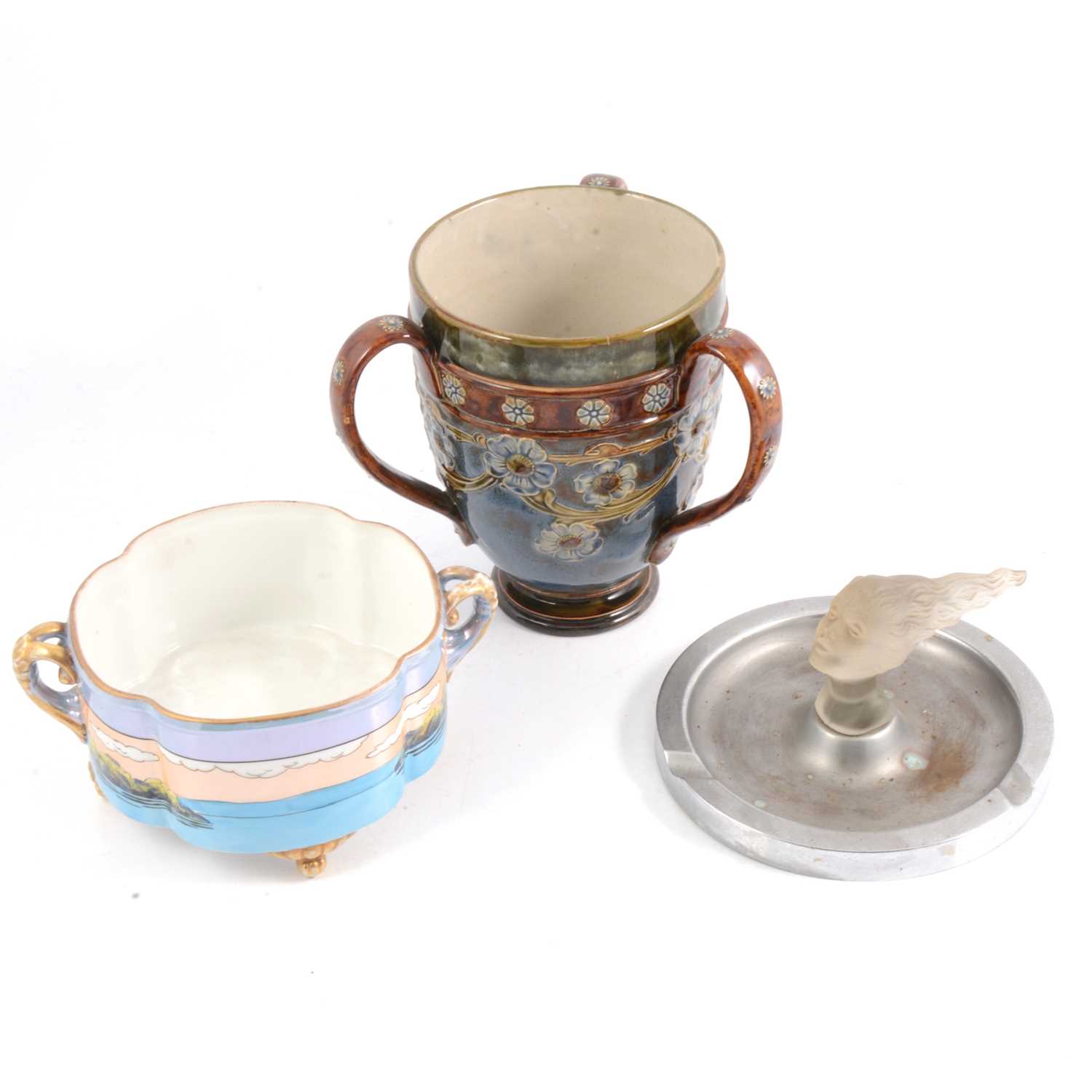 Lot 38 - Royal Doulton loving cup, Noritake bowl and French glass mounted ashtray
