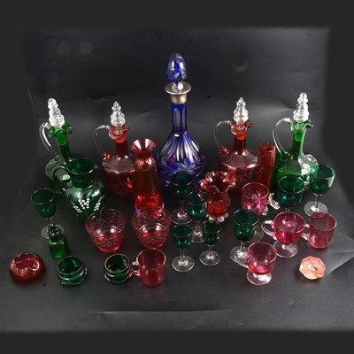 Lot 47 - Collection of blue, green and cranberry glass, including decanter with silver collar, some damages.