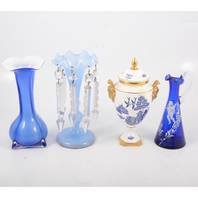 Lot 48 - Mary Gregory style enamelled ewer, blue lustre, spill vase and a Coalport willow pattern vase
