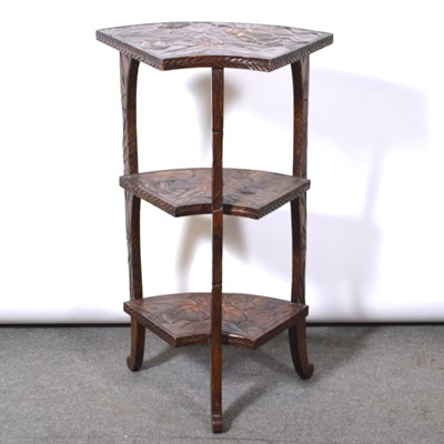 Lot 295 - Victorian oak hall chair, three tier stand and warming pan