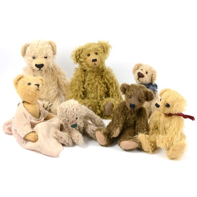 Lot 230 - Seven hand-made plush teddy bears, jointed limbs, various makers.