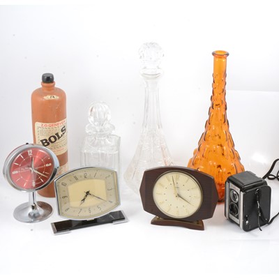 Lot 63 - Selection of mixed items, including three mantel clocks, decanters, camera, glass vase, etc.