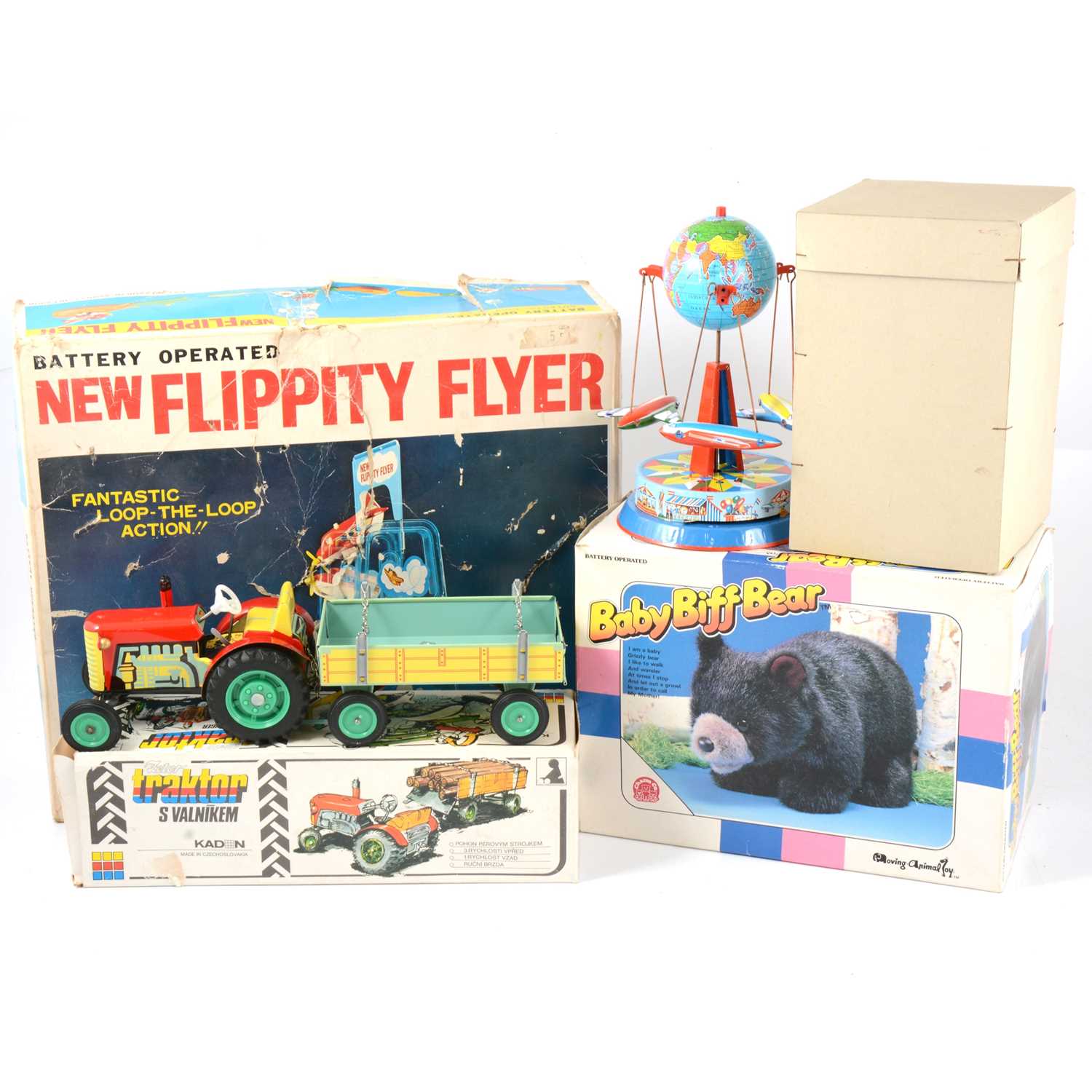 Lot 222 - A quantity of toys and games, including tin-plate Fetor tractor and trailer etc