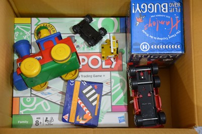Lot 222 - A quantity of toys and games, including tin-plate Fetor tractor and trailer etc