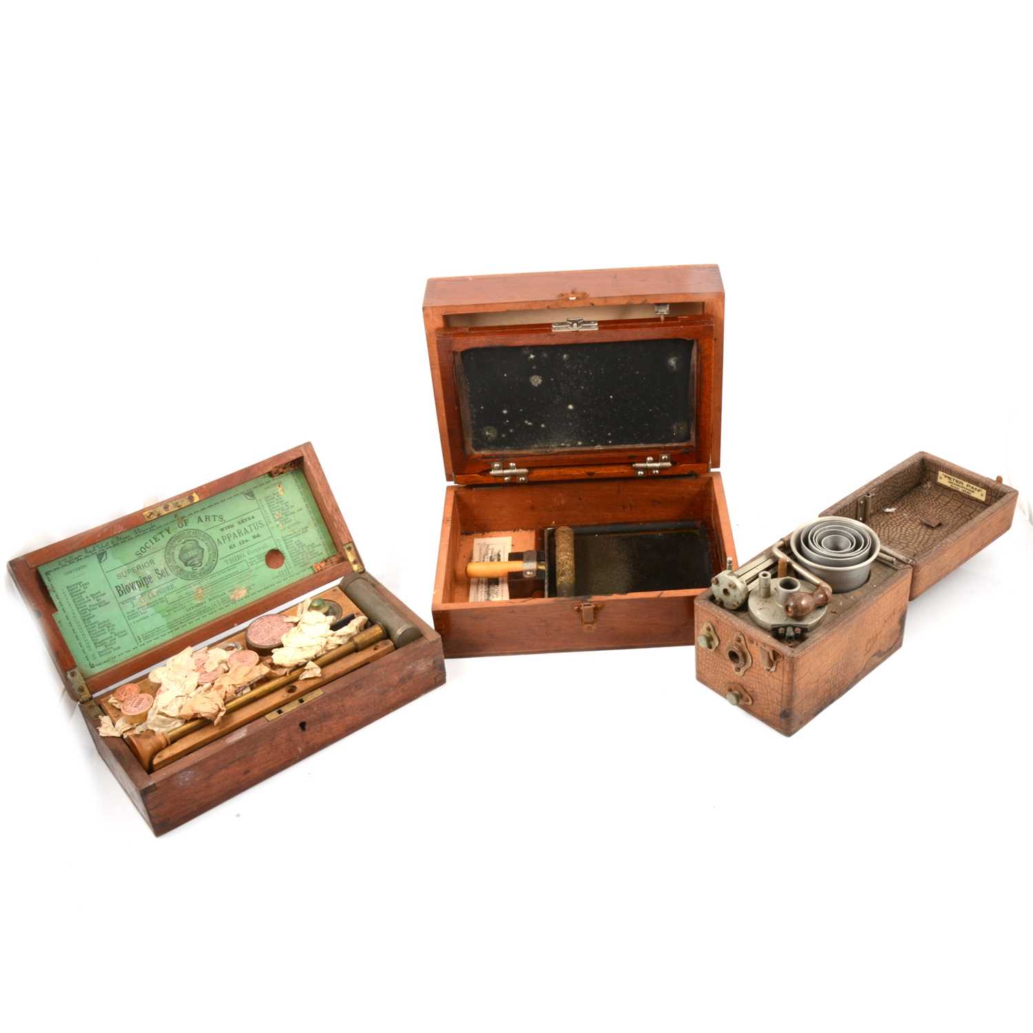 Lot 115 - Leather cased 'Peter Pan' picnic gramophone, a cased Blowpipe Set, and a portable printing set