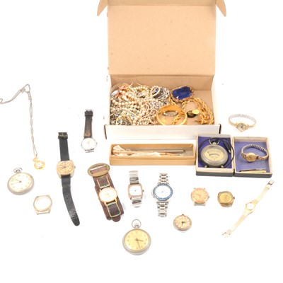 Lot 174 - Vintage wrist and pocket watches, gold filled propelling pencils and costume jewellery.