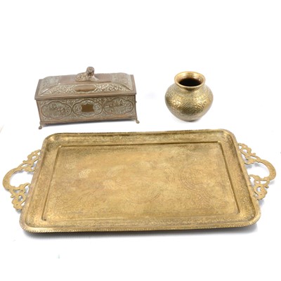 Lot 68 - An Indian brass caddy, large twin handled Benares brass tray, and vase.