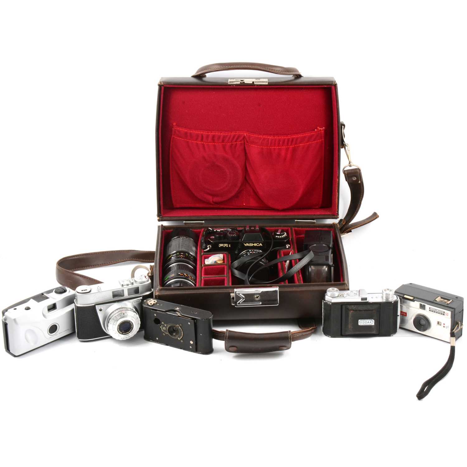 Lot 123 - Vintage film cameras and accessories, including Yashica FR1 with two lenses and flash, cased