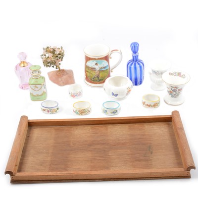 Lot 44 - Box of decorative ceramic vases and bottles, and a wooden tray