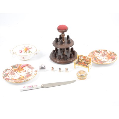 Lot 72 - Two thimble stands, small collection of thimbles, Royal Crown Derby items, and an oak marble board