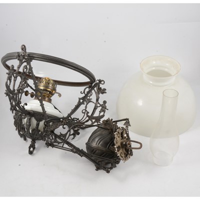 Lot 355 - Victorian style cast metal hanging oil lamp