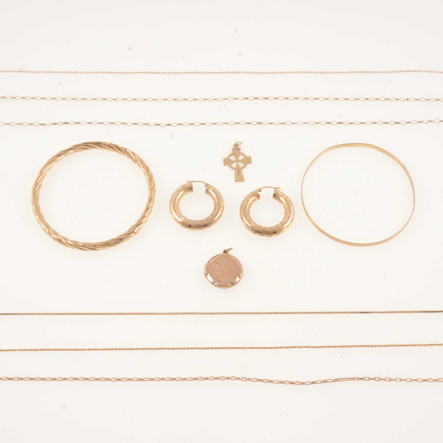 Lot 301 - Gold neck chains, two bangles, cross and locket