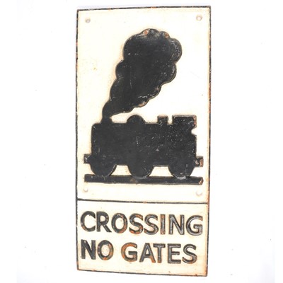 Lot 75 - Cast iron railway sign, 'Crossing no Gates', painted, 58.5cm by 29cm.