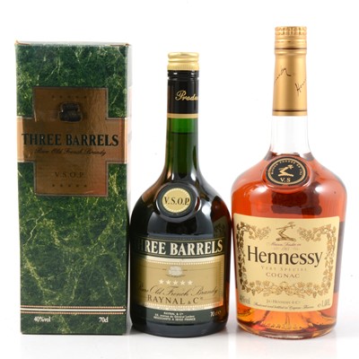 Lot 207 - Hennessy VS Cognac, 1L bottle, and two bottles of Three Barrels VSOP Brandy.