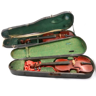 Lot 90 - Two violins, one with bow, both in cases, in need of attention.