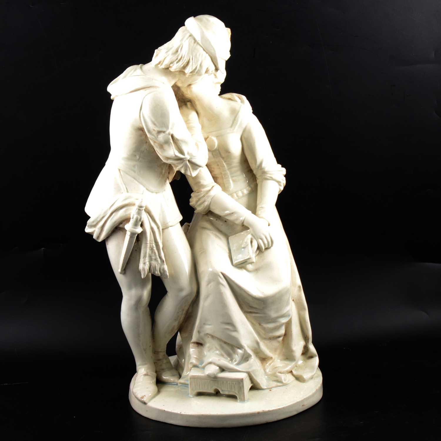 Lot 32 - Large white ceramic figure group, lovers in period costume.
