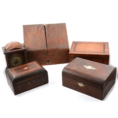 Lot 82 - Stationery box, three other boxes and mantel clock.