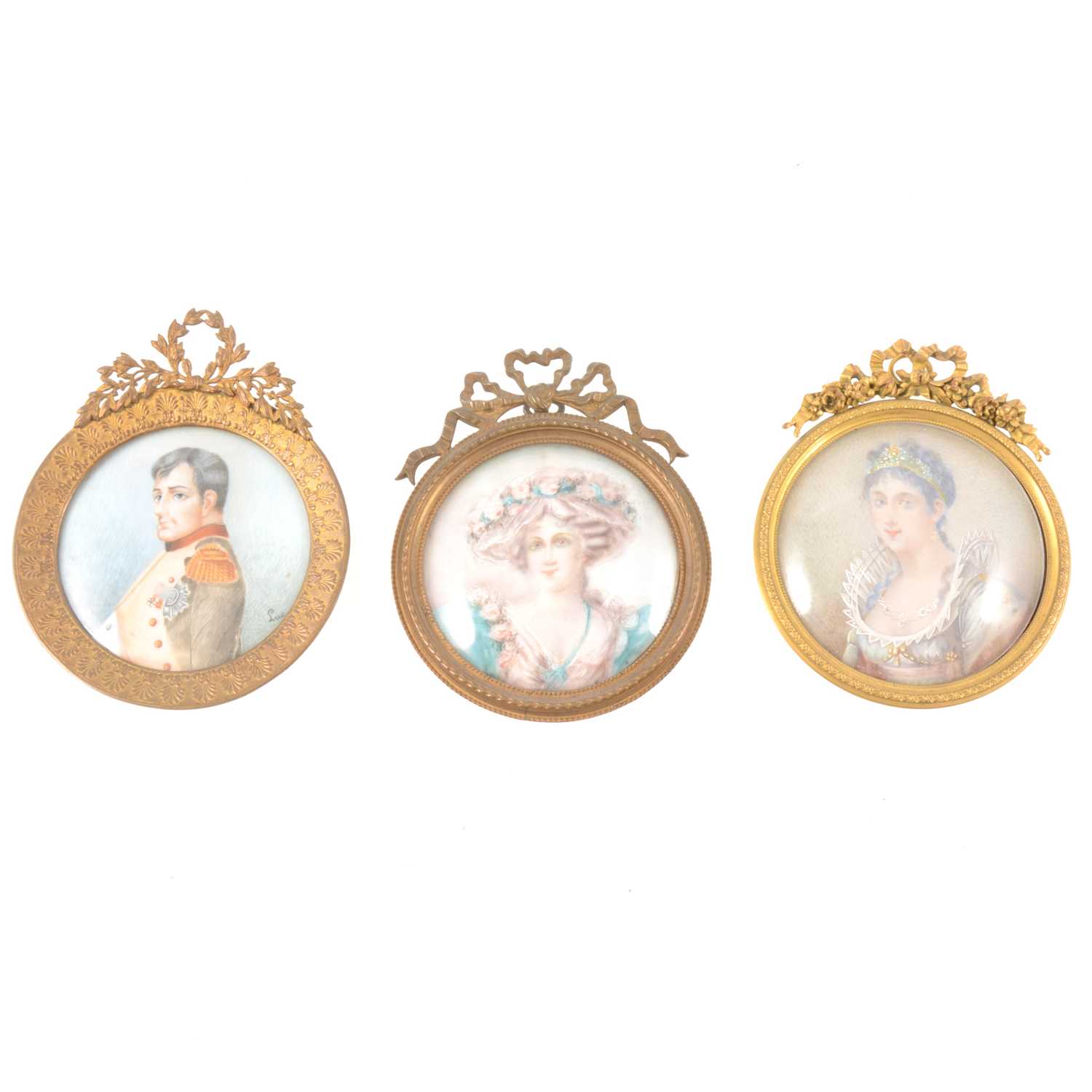 Lot 144 - Three portrait miniatures, in gilt circular frames