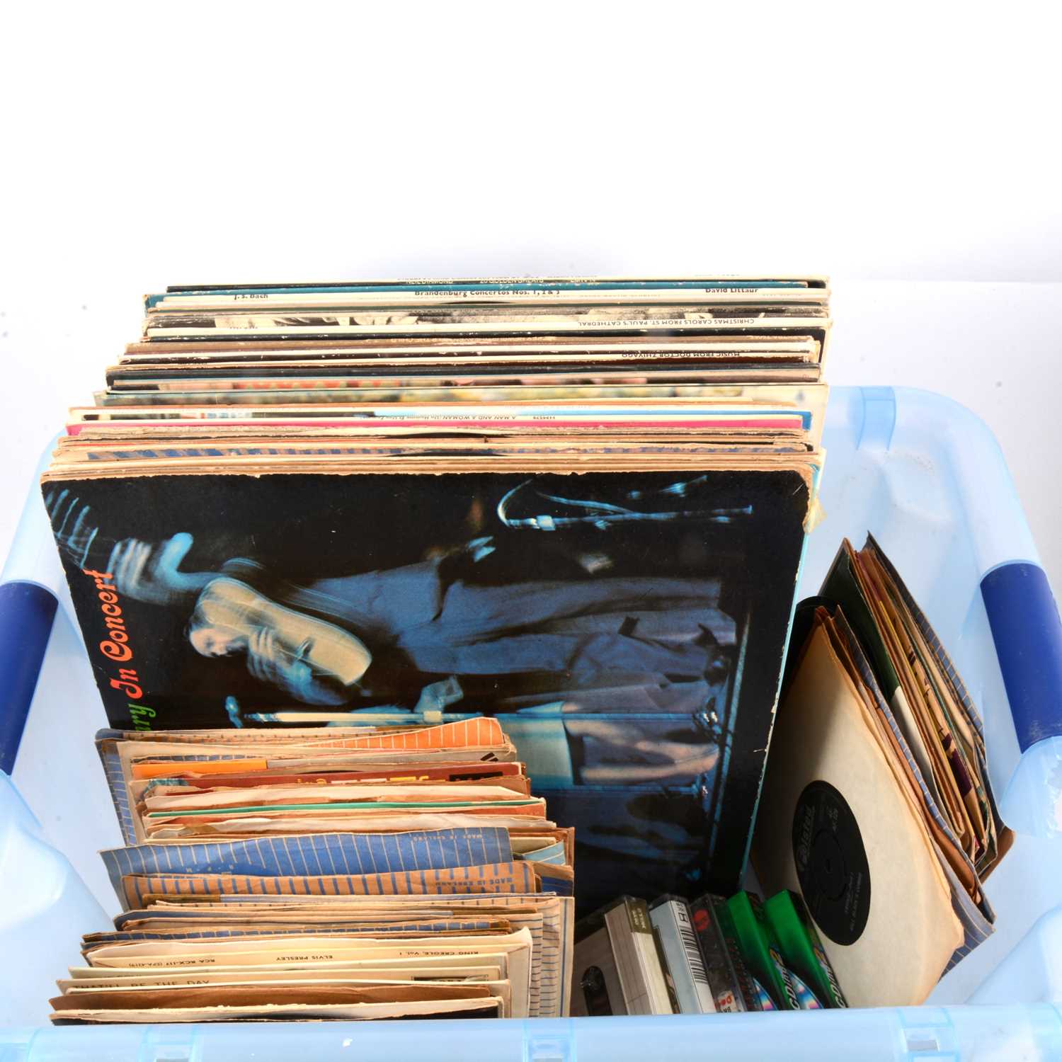 Lot 128 - A box of LP and 7" vinyl music records, mostly pop, easy listening and classical