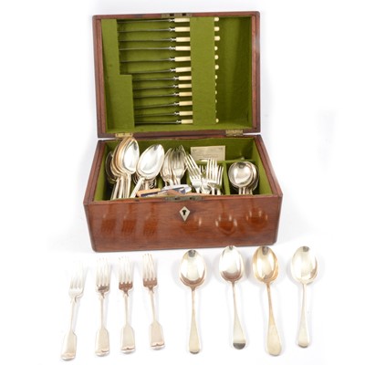 Lot 79 - Part canteen of silver-plate cutlery in mahogany case, and loose plated cutlery.