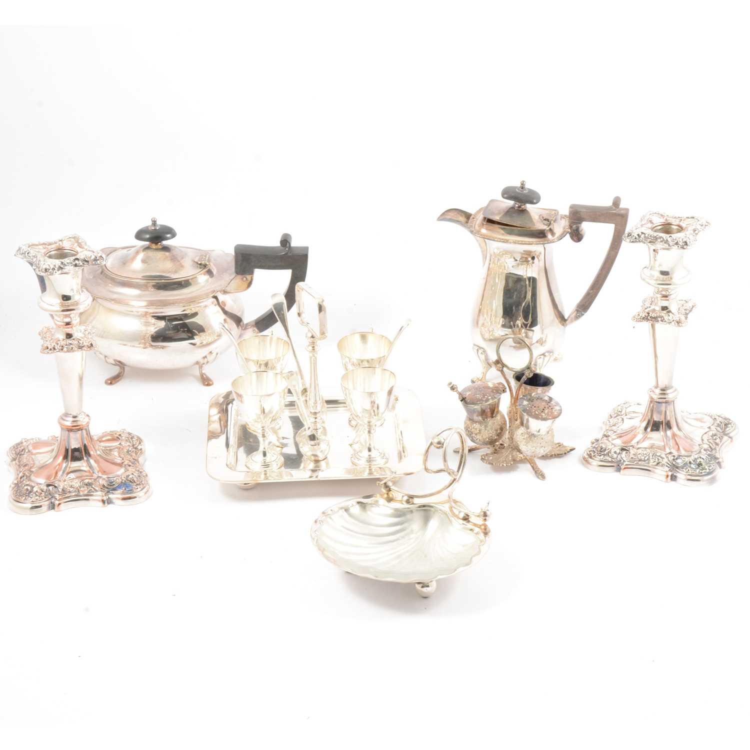 Lot 78 - Silver-plated teasets, thistle cruet, eggcup and spoon set, and other plated wares.
