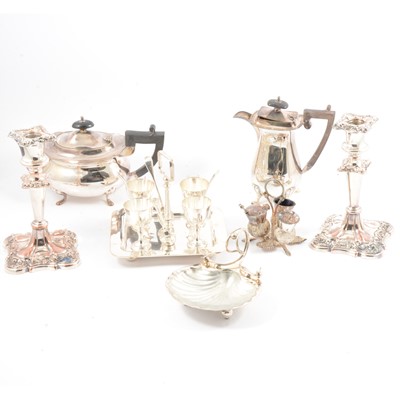 Lot 78 - Silver-plated teasets, thistle cruet, eggcup and spoon set, and other plated wares.