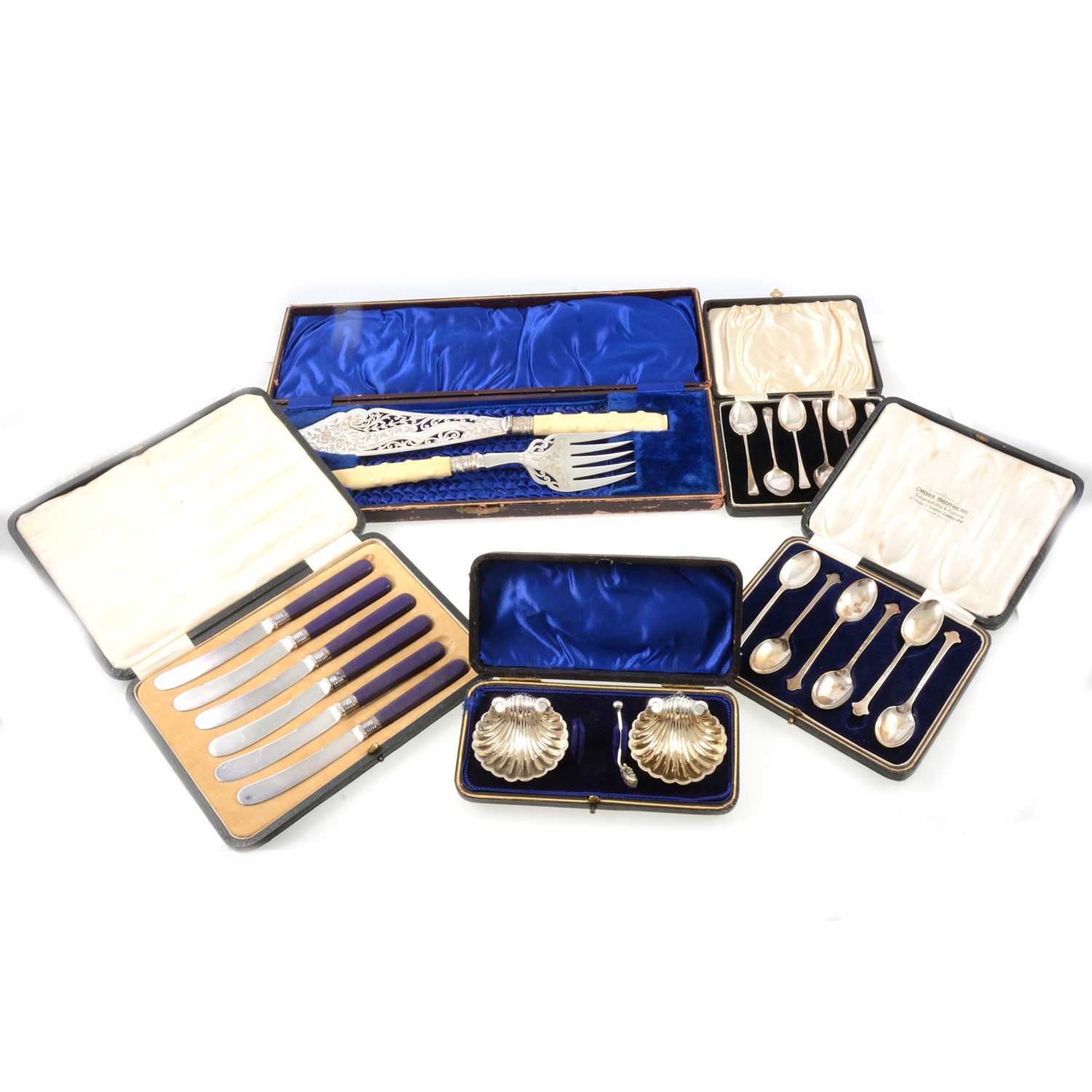 Lot 153 - Pair of silver shell salts, William Henry Leather, Birmingham 1900, and other cased silver and plated flatware.