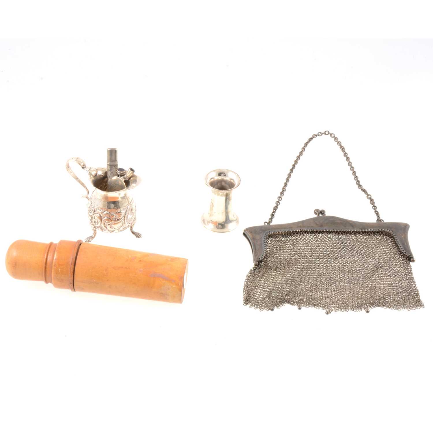 Lot 141 - Silver chain mail dance purse, cream jug, bookmark, cologne flask Cairo, pencils.