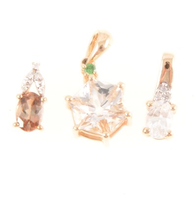 Lot 179 - Gemporia - White sapphire, sopa andalusite and diamond, and white quartz and tsavorite garnet pendants.