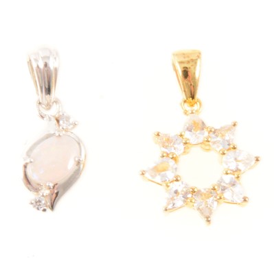 Lot 180 - Gemporia - A white sapphire Midas pendant, and a Coober Pedy semi black opal and white zircon pendant.