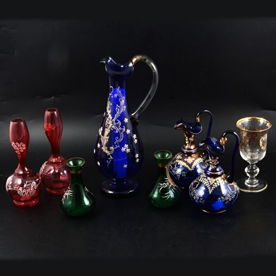 Lot 30 - Seven items of late 19th century coloured glassware and a goblet