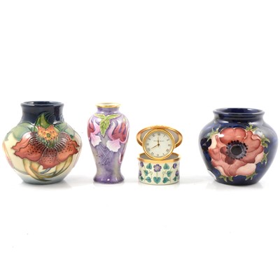Lot 19 - Moorcroft Anna Lily and Anemone vases,  enamel miniature Fuchsia vase and Florida Star box clock