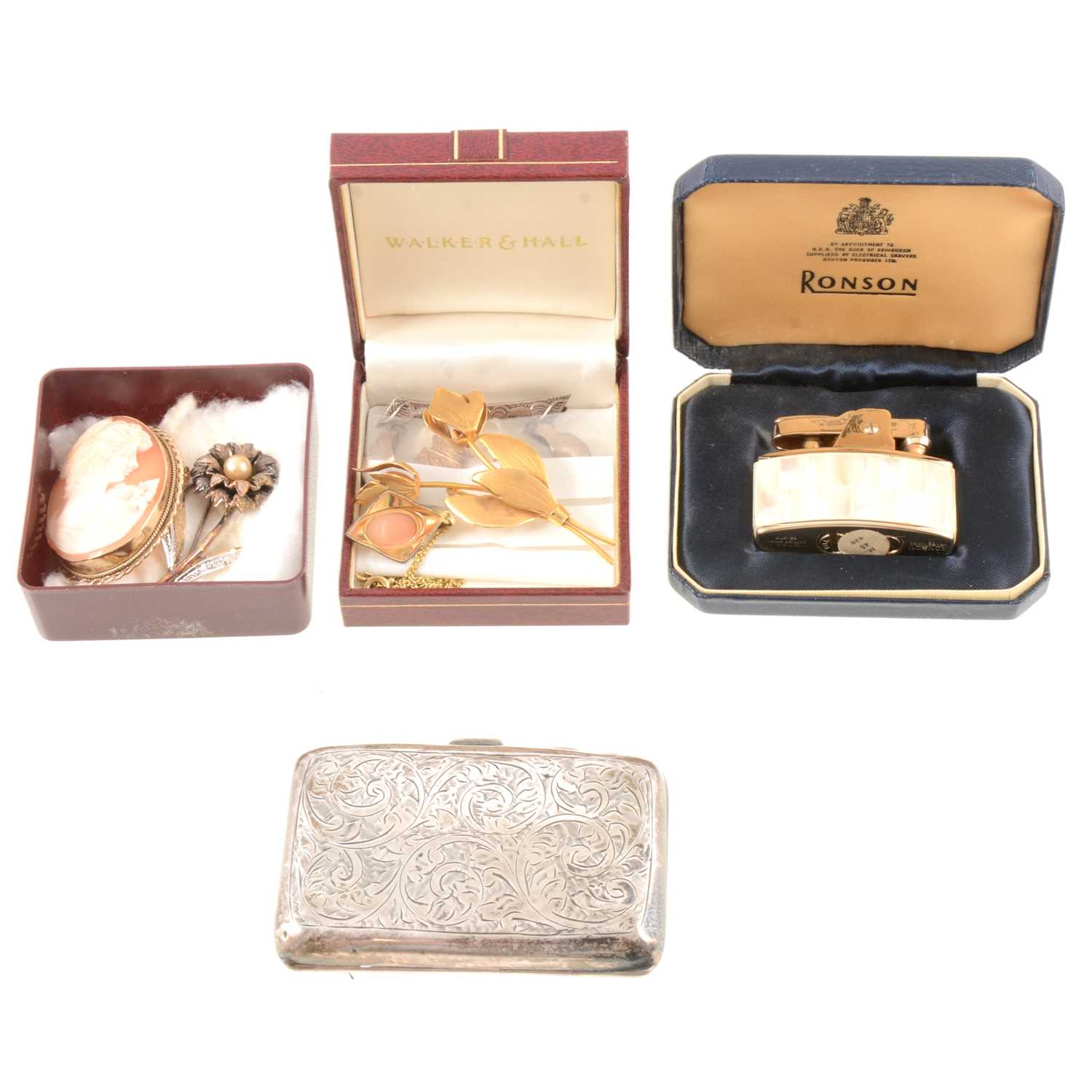Lot 362 - Collection of brooches, silver cigarette case, Ronson lighter etc.