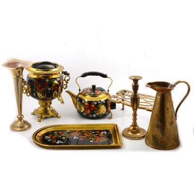 Lot 140 - Modern Russian electric samovar and teapots, brass tray, candlesticks etc.