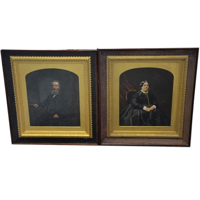 Lot 139 - Pair of Victorian portraits, overpainted photographs, gilt gesso and rosewood box frames