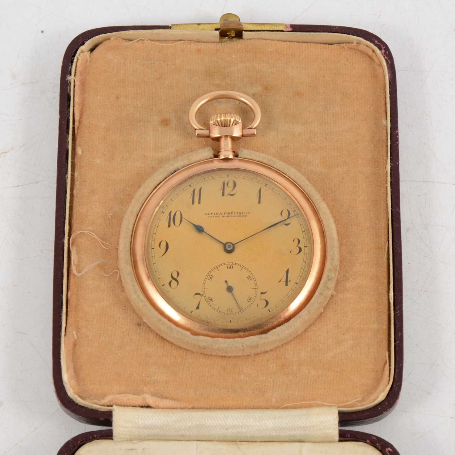 Lot 112 - Alpina Precision Union Horlogere - a 585 standard yellow gold open face pocket watch