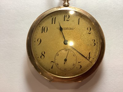 Lot 112 - Alpina Precision Union Horlogere - a 585 standard yellow gold open face pocket watch