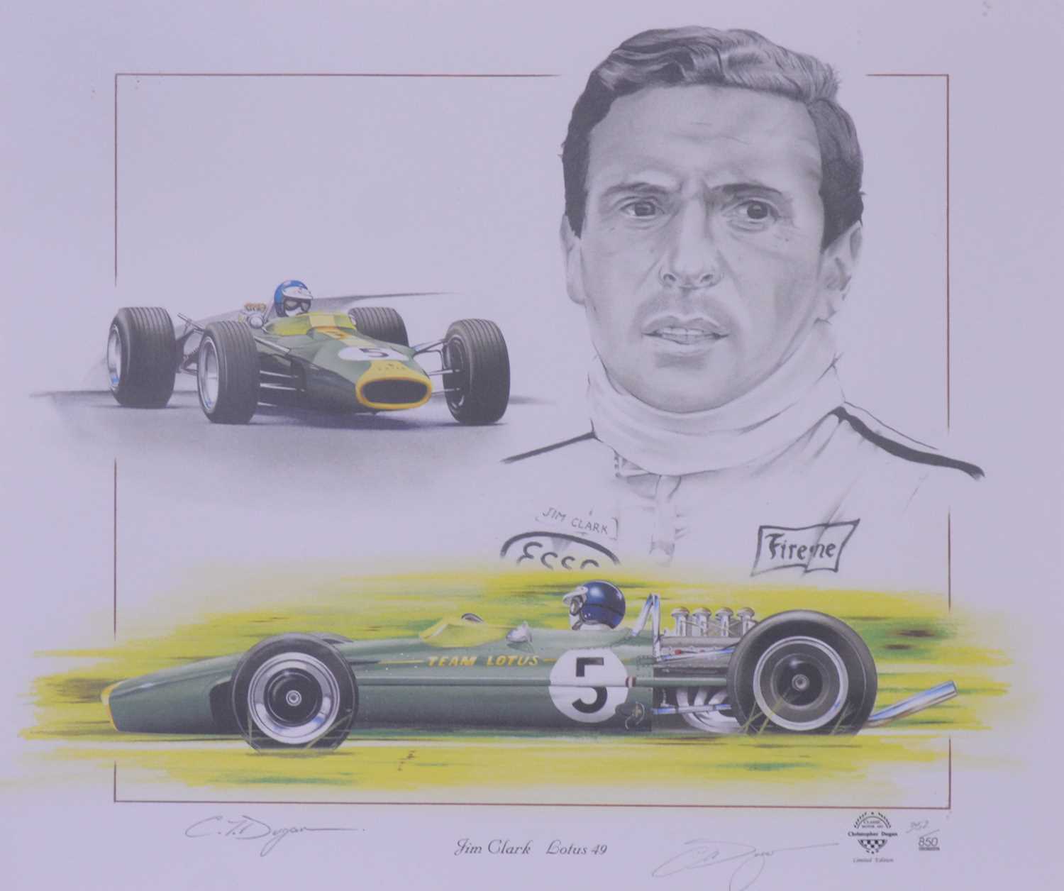 Lot 485 - Christopher Dugan, two Jim Clark racing prints, signed.